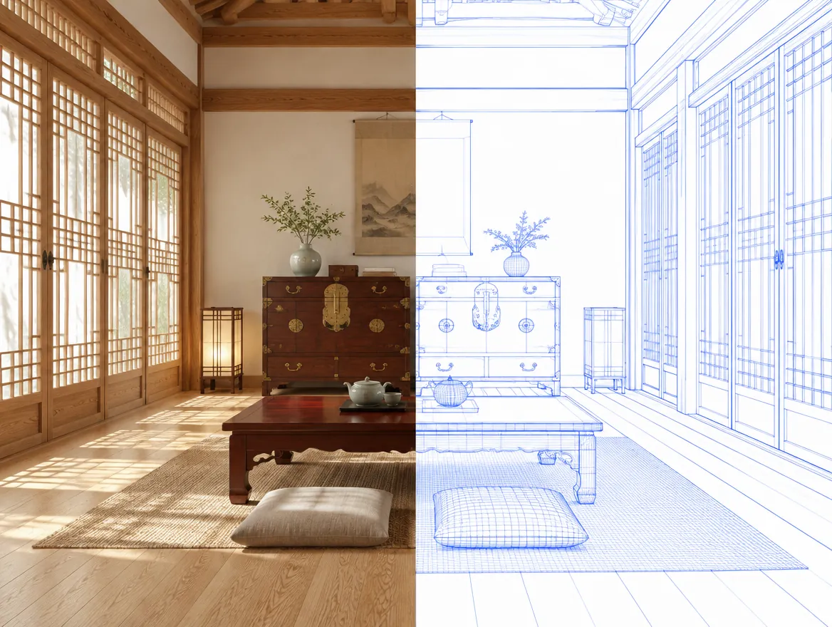 한옥풍 거실. 왼쪽은 완성된 모습이고, 오른쪽은 같은 방을 파란 선으로 그린 3D 도면입니다.